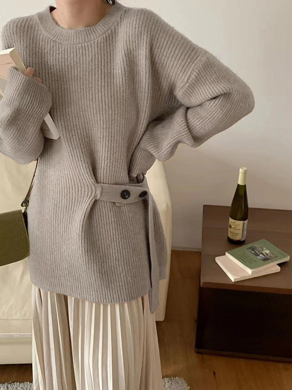 flowersverse Casual Long Sleeves Loose Solid Color Round-Neck Sweater Tops