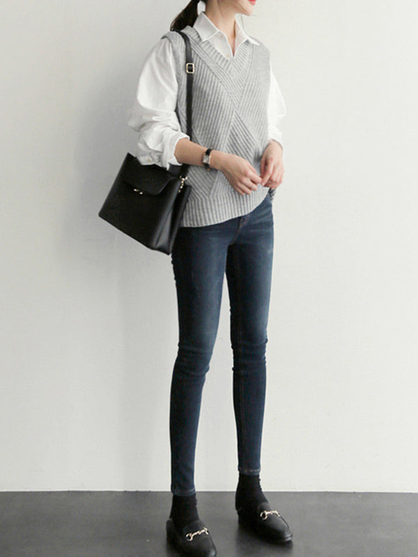 flowersverse Casual Sleeveless Loose Solid Color V-Neck Vest Outerwear