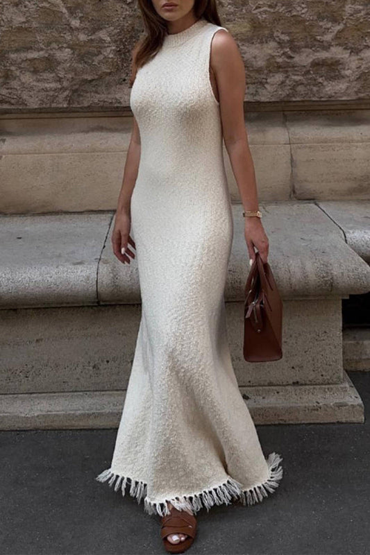 flowersverse Casual Solid Tassel Make Old O Neck Sleeveless Dress Dresses