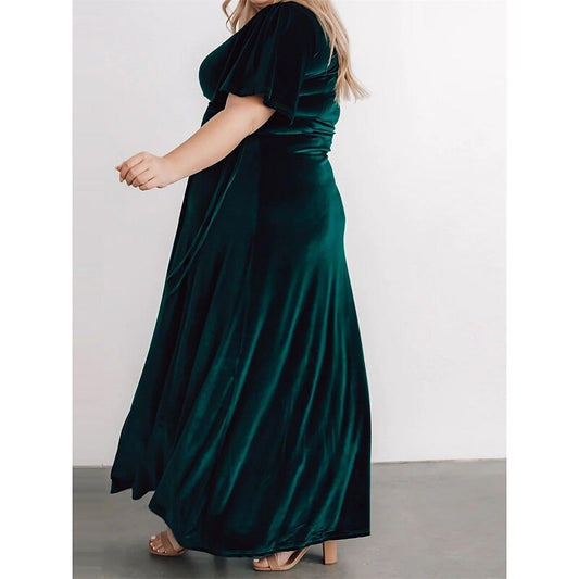 flowersverse Women‘s Plus Size Easter Dress Short Sleeve Lace up Velvet Dress Work Dress Wrap Dress Solid Color Long Dress Maxi Dress Split V Neck Fashion Outdoor Dark Green Spring Dress