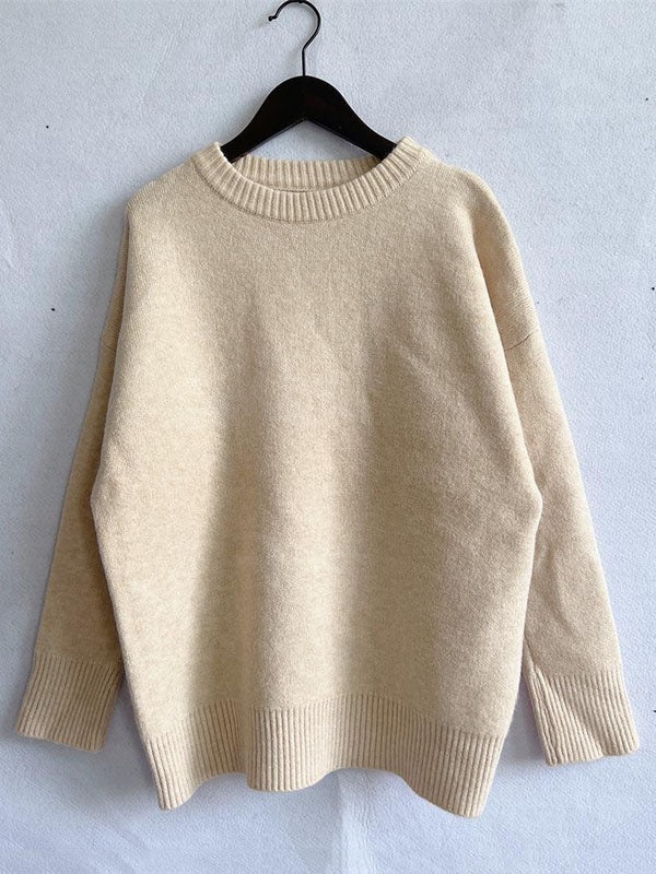 flowersverse Casual Loose Long Sleeves Solid Color Round-Neck Sweater Tops
