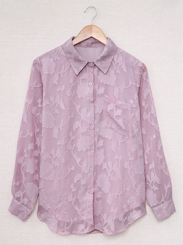 flowersverse Jacquard See-Through Solid Color Long Sleeves Lapel Blouses&Shirts Tops
