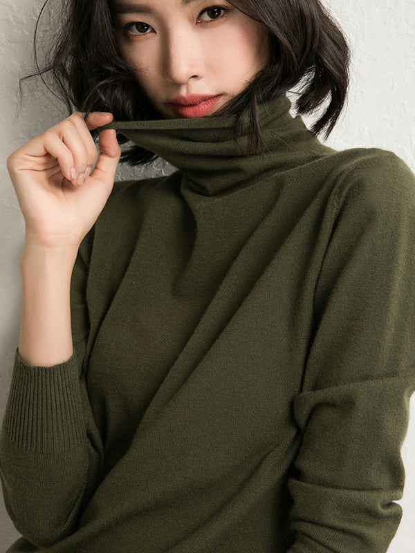 flowersverse Simple Loose Long Sleeves Solid Color High-Neck Sweater Tops