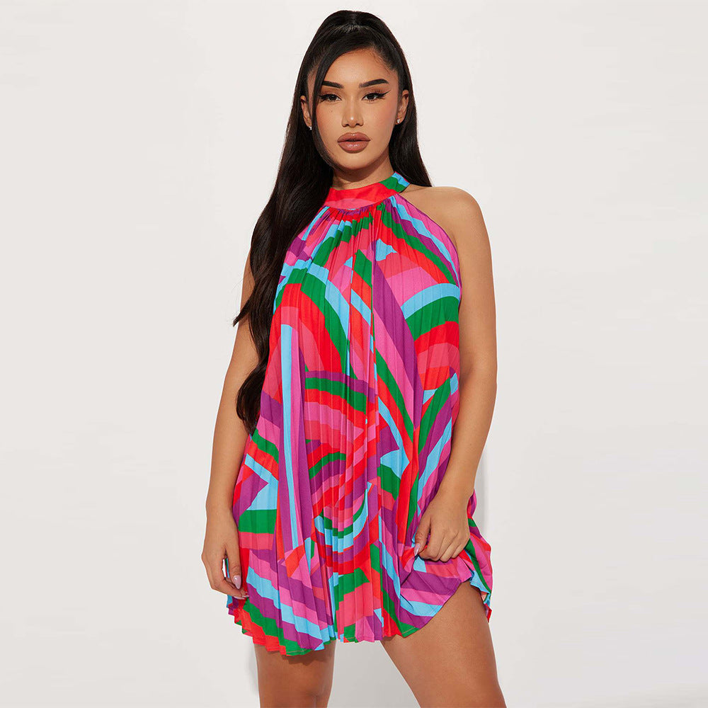 flowersverse Women's Beach Dress Off Shoulder Sleeveless Printed Pleated Dress