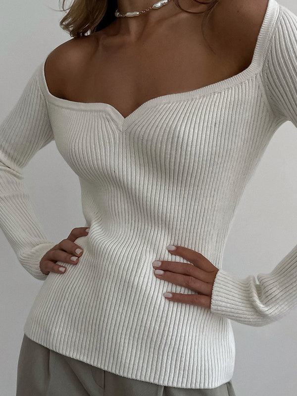 flowersverse Urban Skinny Solid Color Square-Neck Sweater Tops