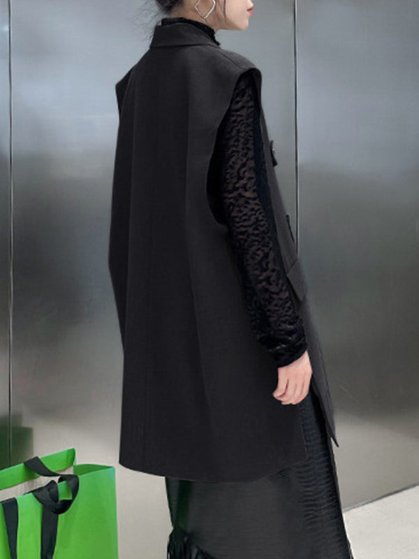 flowersverse Buttoned Pockets Split-Side Loose Sleeveless Notched Collar Vest Outerwear