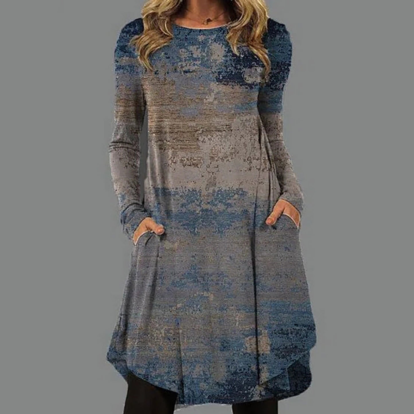 flowersverse Women's Casual Dress T Shirt Dress Tee Dress Ethnic Dress Midi Dress Green Long Sleeve Color Gradient Pocket Winter Fall Autumn Crew Neck Vacation Winter Dress Halloween Fall Dress S M L XL XXL