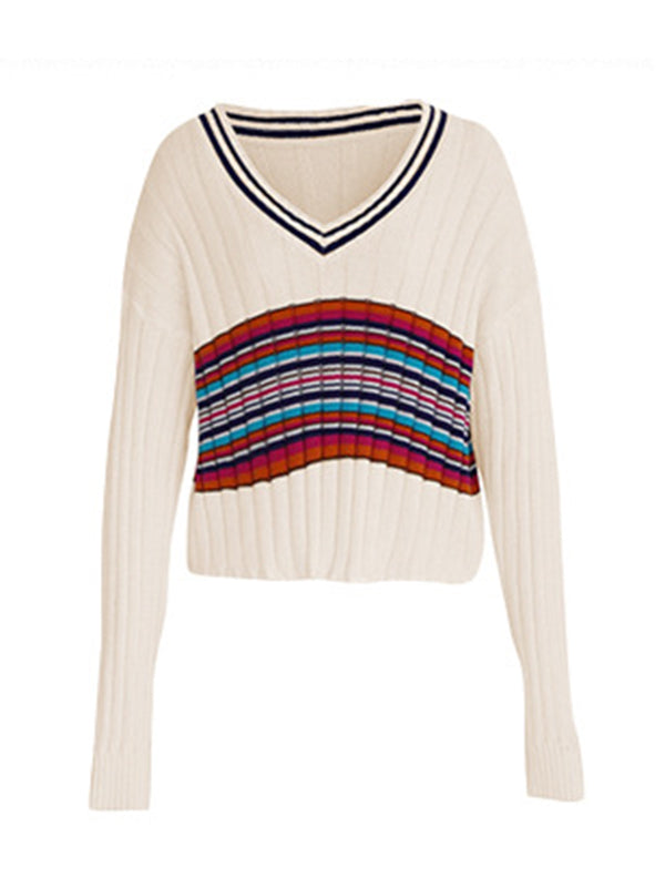 flowersverse Casual Long Sleeves Striped V-Neck Sweater Tops
