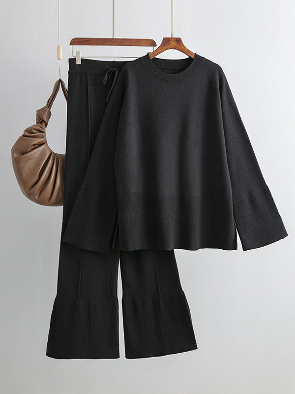 flowersverse Casual Long Sleeves Loose Solid Color Round-Neck Sweater Tops & Wide Leg Pants Two Pieces Set