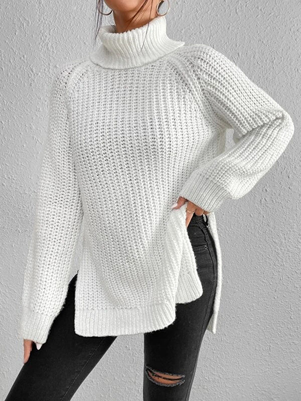 flowersverse Solid Color Split-side Long Sleeves Loose High Neck Sweater Tops Pullovers