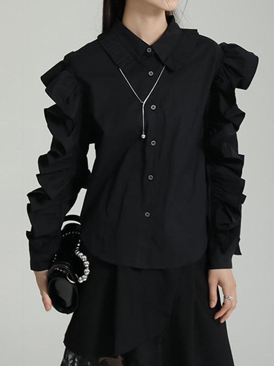 flowersverse Falbala Pleated Solid Color Long Sleeves Lapel Blouses&shirts Tops