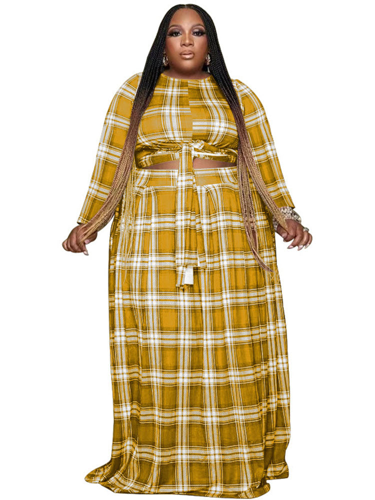 flowersverse Two Piece Plaid Crop Top Maxi Skirt Plus Size Set