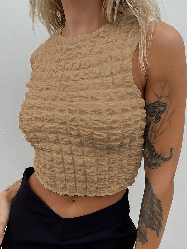 flowersverse Pleated Solid Color Skinny Sleeveless Round-Neck Vest Top