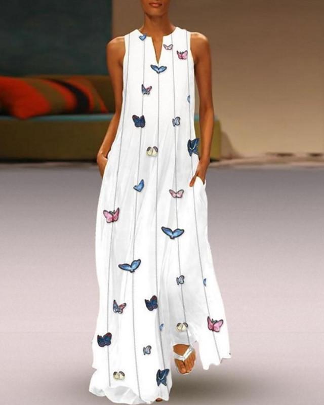 flowersverse Women's A-Line Dress Maxi Long Dress - Sleeveless Butterfly Animal Print Summer V Neck Hot Casual Holiday Beach Vacation Dresses White Yellow Blushing Pink Light Blue White Dresses
