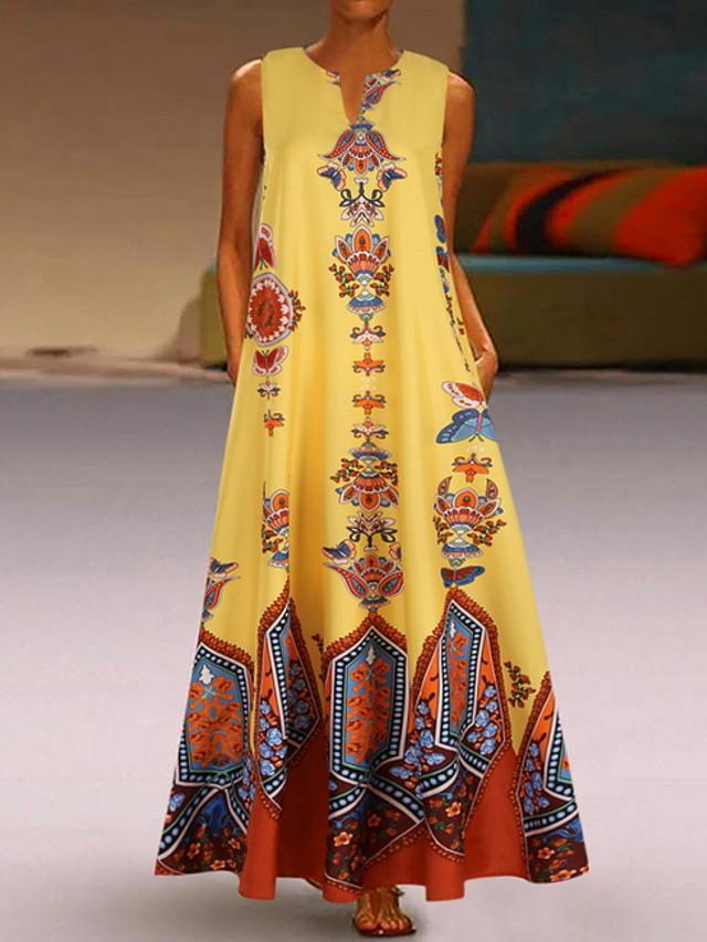 flowersverse Women's A-Line Dress Maxi Long Dress - Sleeveless Pocket Print Spring & Summer V Neck Hot Casual Boho Holiday White Black Blue Yellow Light Blue White Dresses