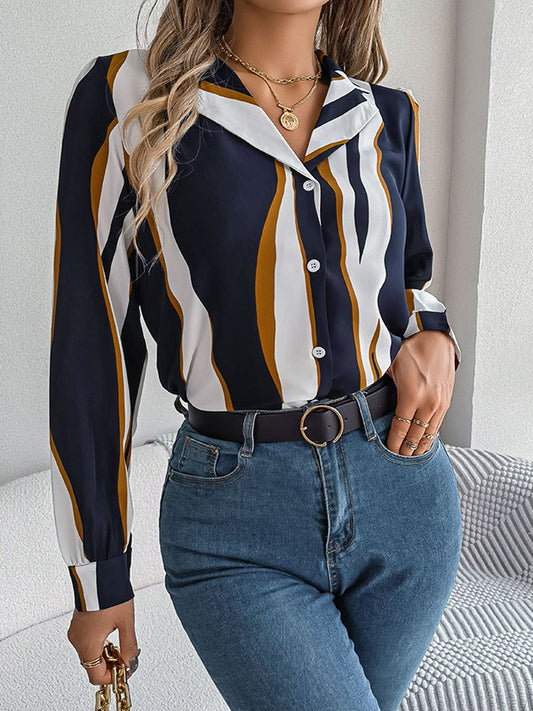 flowersverse Buttoned Contrast Color Printed Long Sleeves Loose Notched Collar Blouses&Shirts Tops