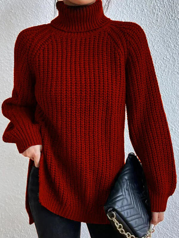 flowersverse Solid Color Split-side Long Sleeves Loose High Neck Sweater Tops Pullovers