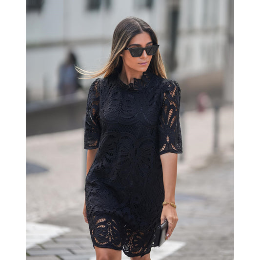 flowersverse Summer Stand Collar Half-Sleeve Loose Dress Casual Party Lace Dress