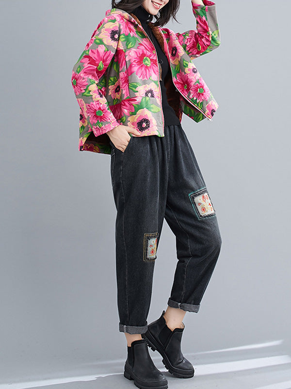 flowersverse Artistic Retro Velvet Floral Printed Zipper Hooded Long Sleeves Outwear
