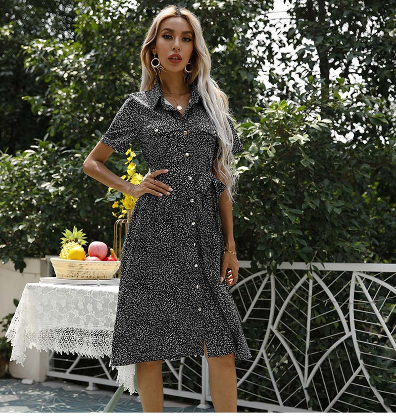 flowersverse Summer Print Bandage Dress For Women Short Sleeve Turn Down Collar Ladies Casual Button Knee Length Floral Dress