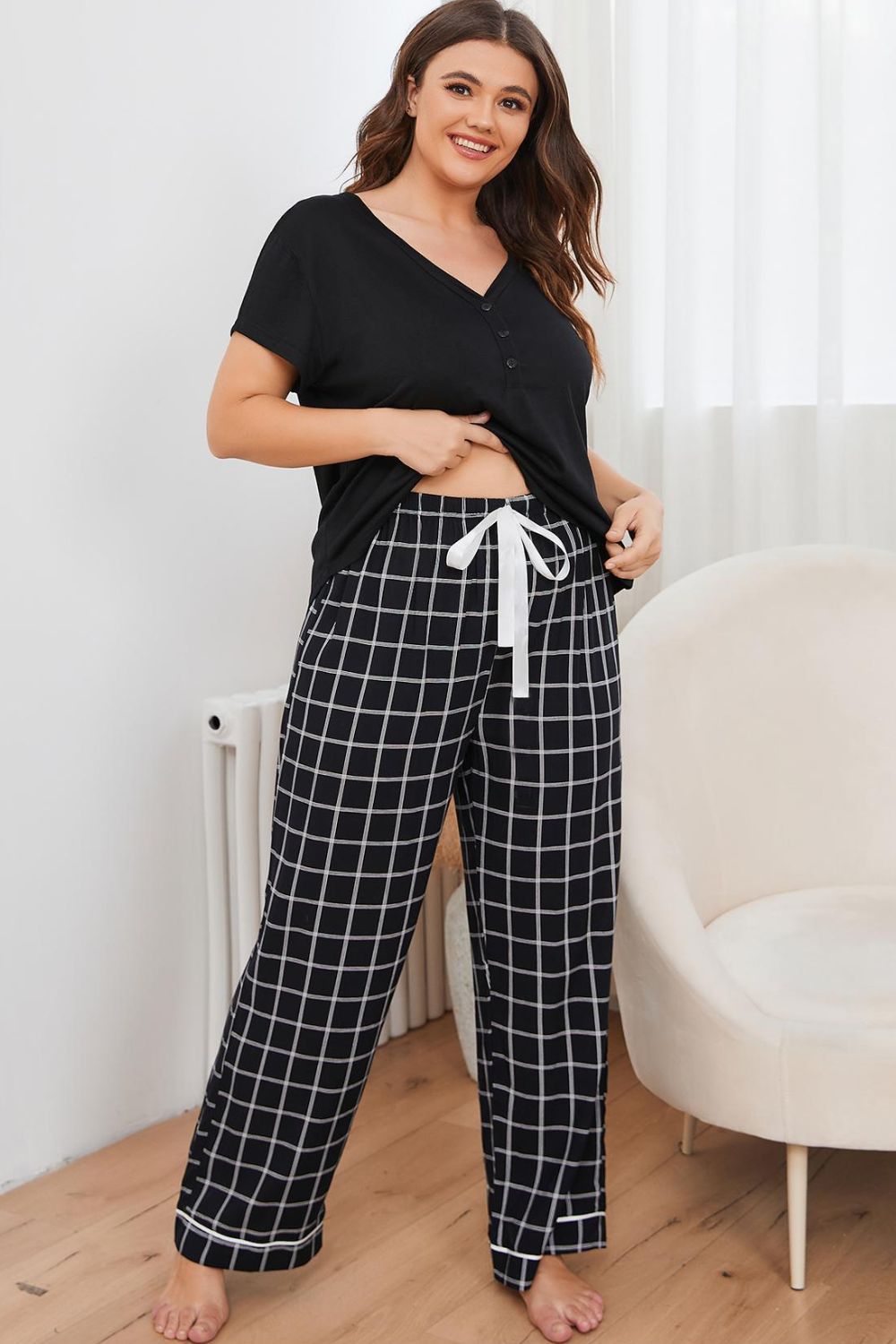 flowersverse Plus Size V-Neck Top and Plaid Pants Lounge Set