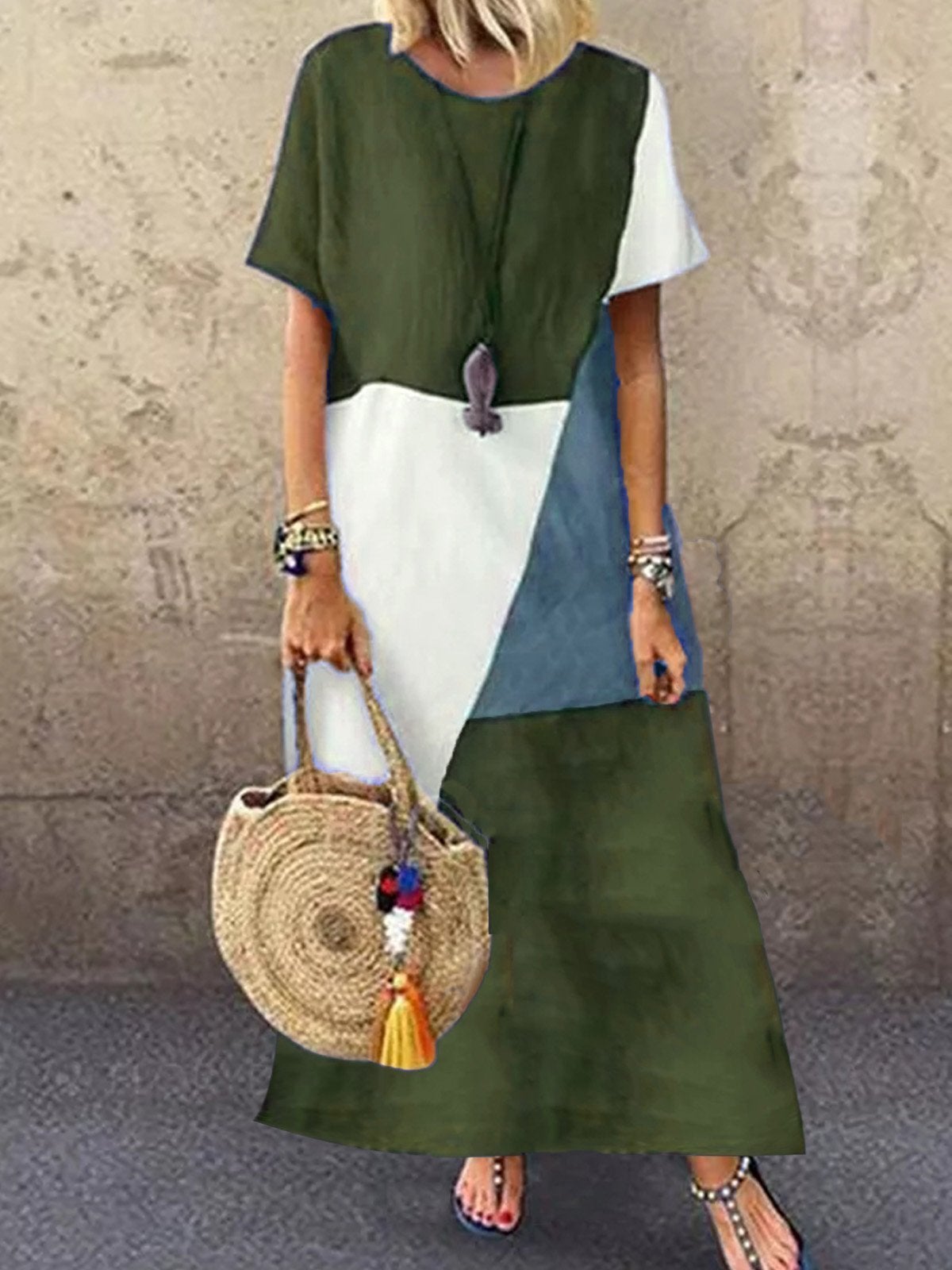 flowersverse Casual Color Block Midi A-Line Tee Dress