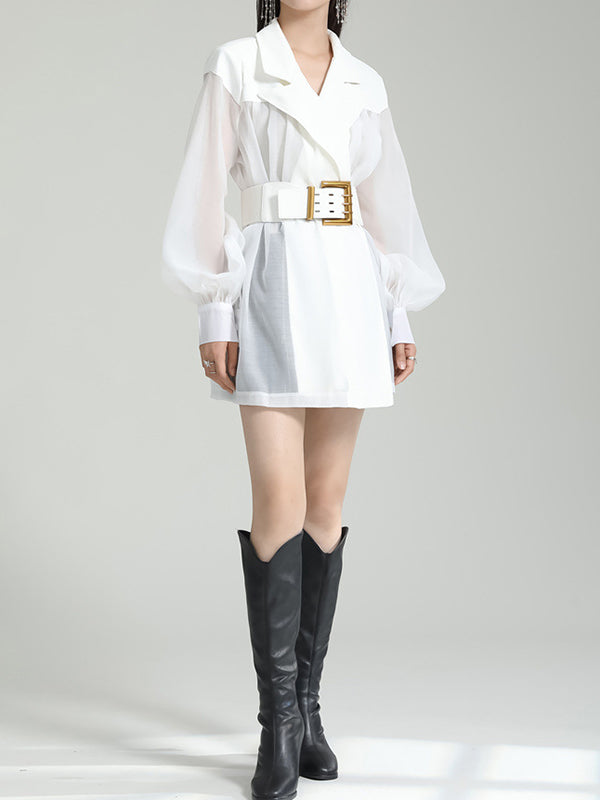 flowersverse See-Through Split-Joint Tied Waist Loose Puff Sleeves Lapel Blouses&Shirts Tops