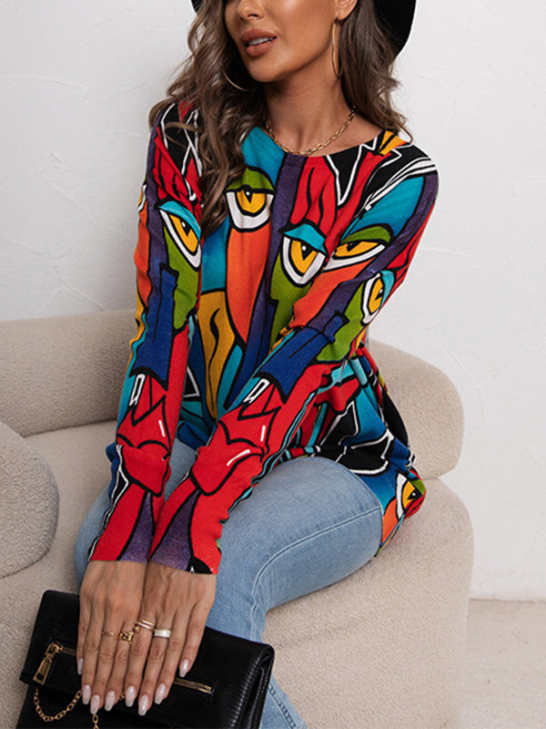 flowersverse Figure Printed Long Sleeves Loose Round-Neck Sweater Tops Pullovers Knitwear
