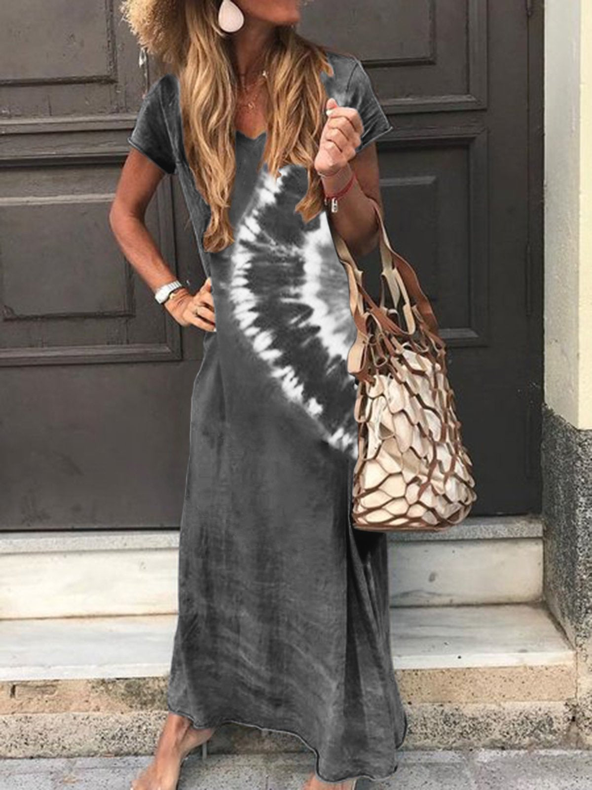 flowersverse Ombre/tie-Dye Short Sleeve Knitting Dress