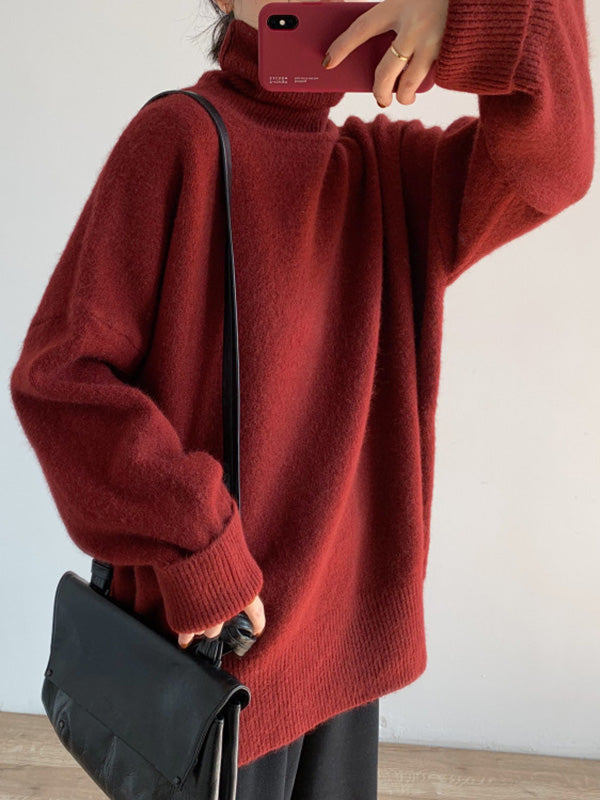 flowersverse Solid Color Split-Side Long Sleeves Loose High-Neck Sweater Tops Pullovers Knitwear