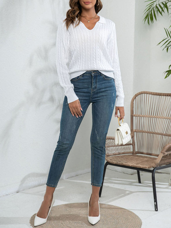 flowersverse Solid Color Split-Joint Long Sleeves Loose Lapel Sweater Tops