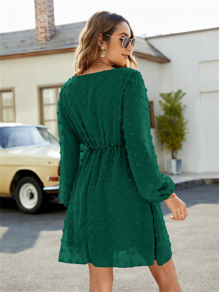 flowersverse Dot A-Line Skirt Ruffled V-Neck Casual Loose Short Dress
