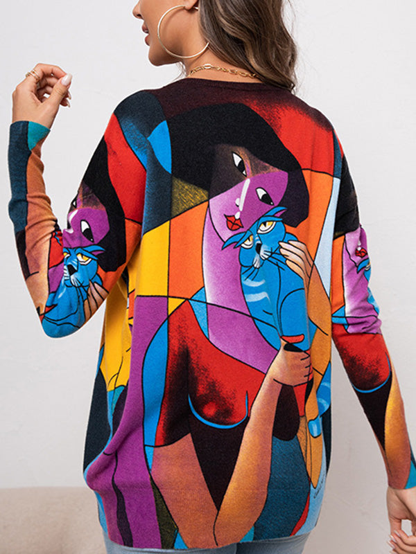 flowersverse Animal Printed Figure Long Sleeves Loose Round-Neck Sweater Tops Pullovers Knitwear