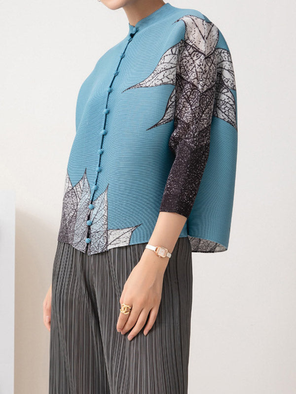 flowersverse Buttoned Leaves Print Long Sleeves Loose Round-Neck Outerwear