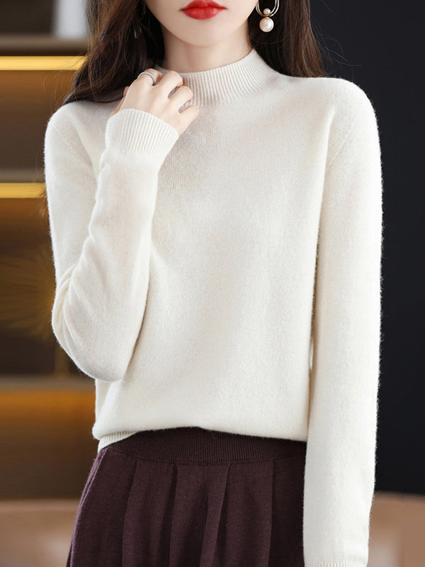 flowersverse Office Long Sleeves Solid Color High-Neck Sweater Tops Pullovers