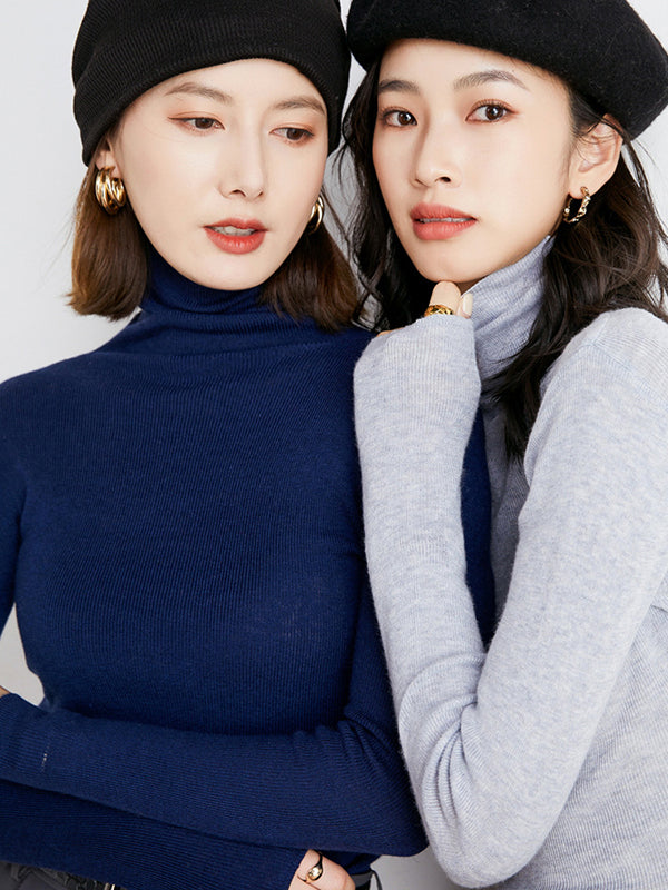 flowersverse Simple Skinny Long Sleeves Solid Color High-Neck Sweater Tops Pullovers