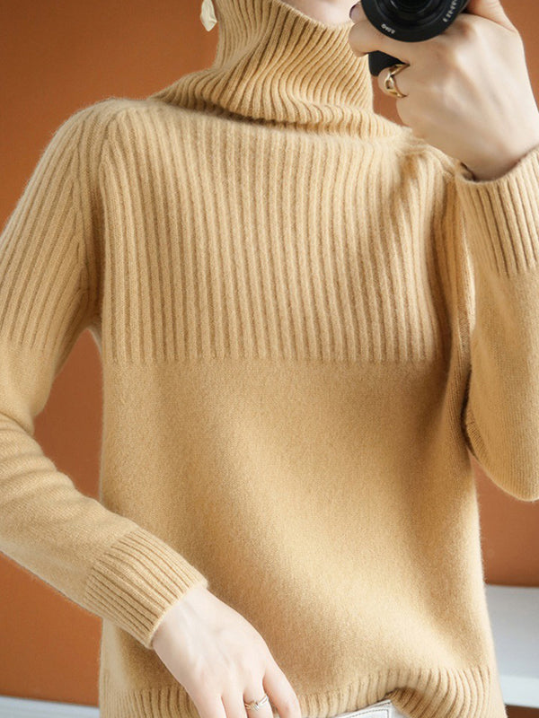 flowersverse Casual Long Sleeves Loose Solid Color High-Neck Sweater Tops