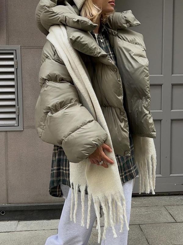 flowersverse Long Sleeves Loose Solid Color Split-Joint Hooded Padded Coat