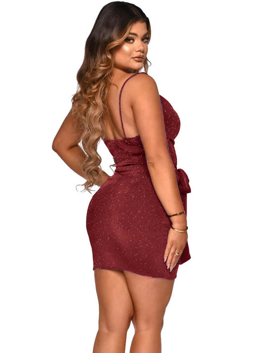 flowersverse Spaghetti Strap Glitter Bodycon Mini Dresses