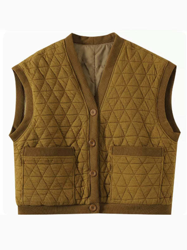 flowersverse Simple Loose Sleeveless Buttoned Quilted Solid Color V-Neck Vest Outerwear