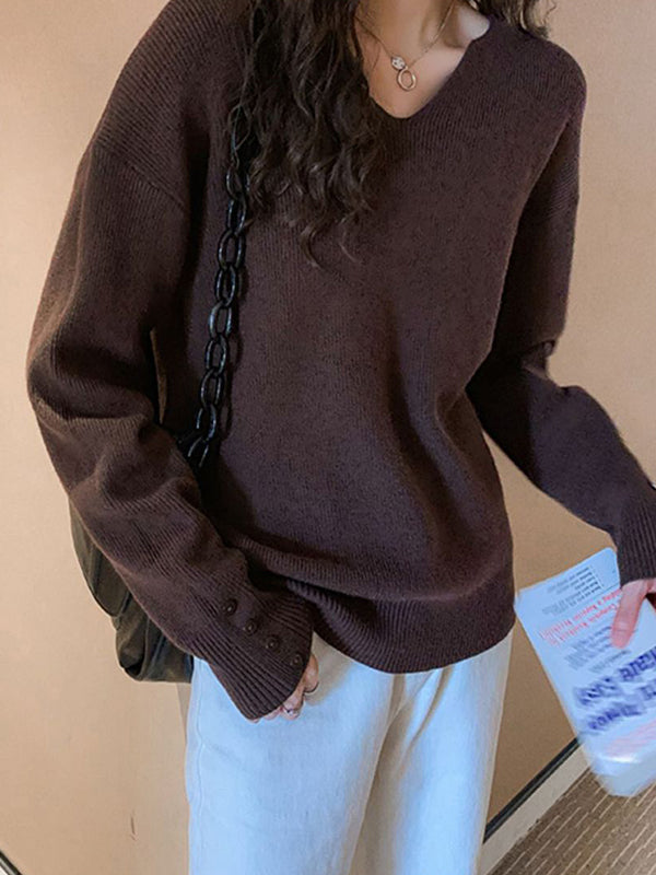flowersverse Casual Loose Long Sleeves Solid Color V-Neck Sweater Tops