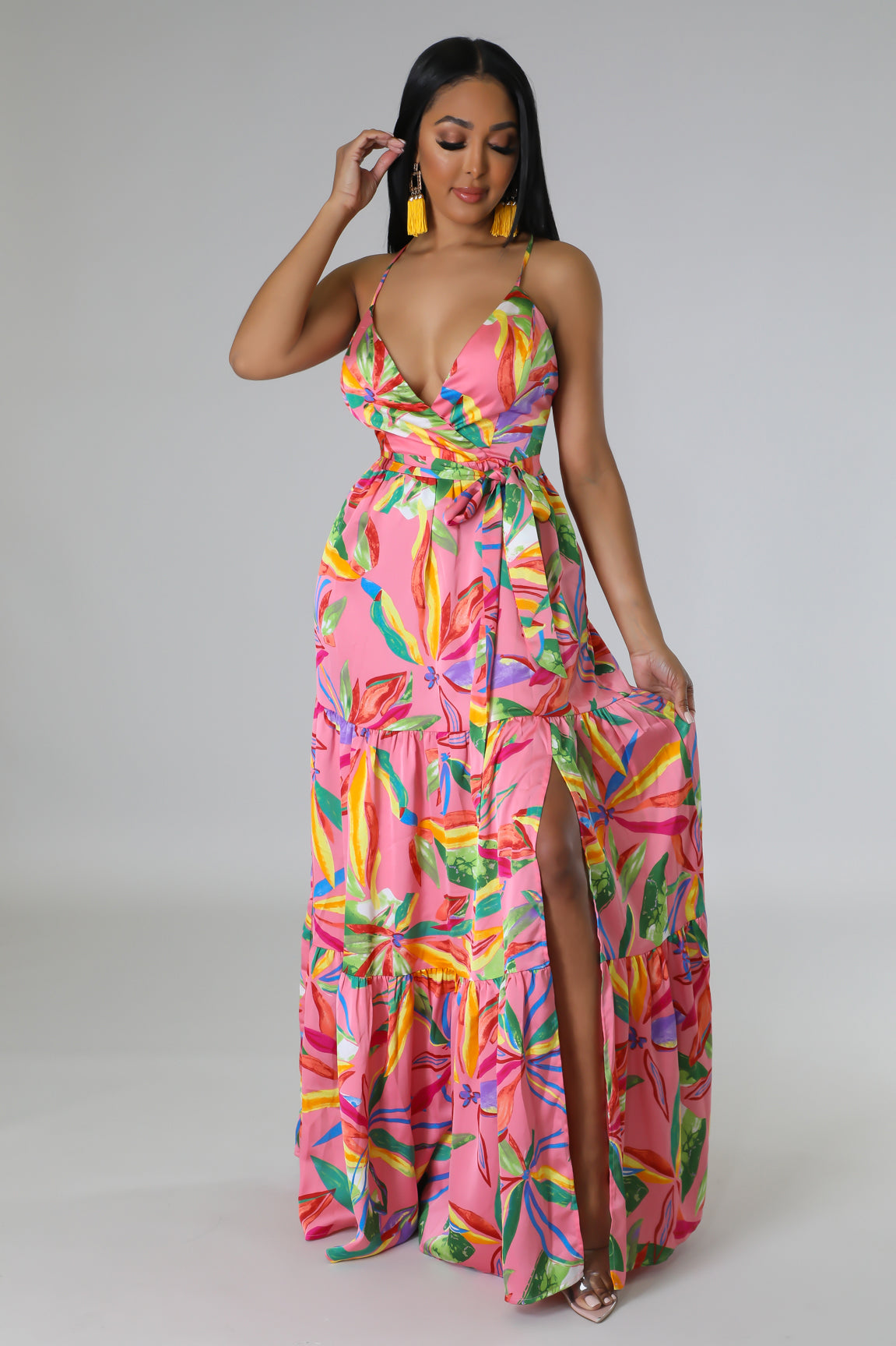 flowersverse Floral V Neck Flowy Split Maxi Dress