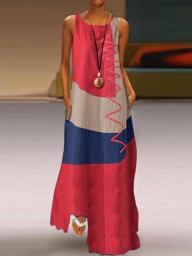flowersverse Women's A-Line Dress Maxi long Dress - Sleeveless Color Block Patchwork Summer Plus Size Casual Holiday Vacation White Red Khaki Dusty Blue S M L XL XXL XXXL XXXXL XXXXXL