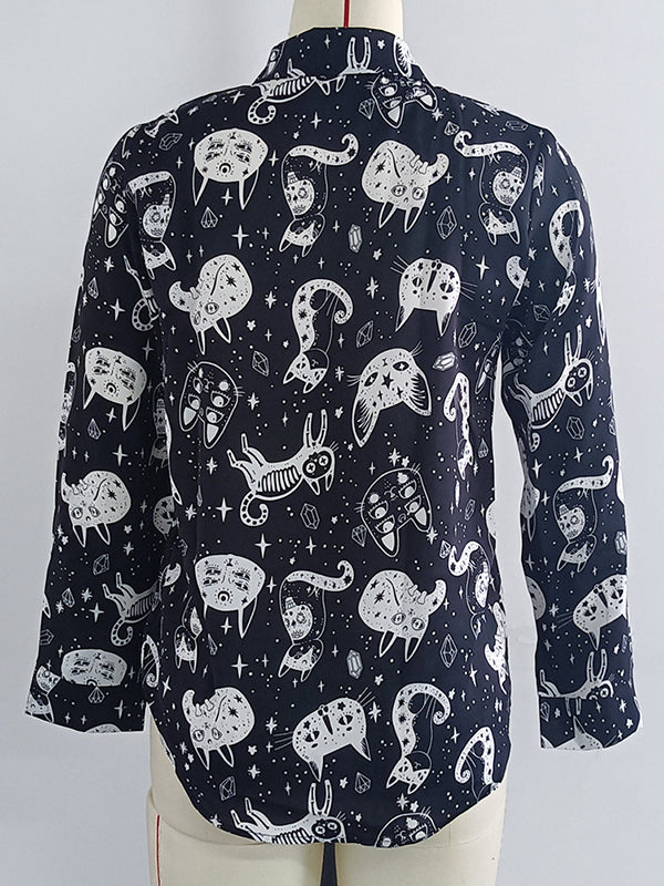 flowersverse Animal Printed Buttoned Long Sleeves Loose Lapel Blouses&Shirts Tops