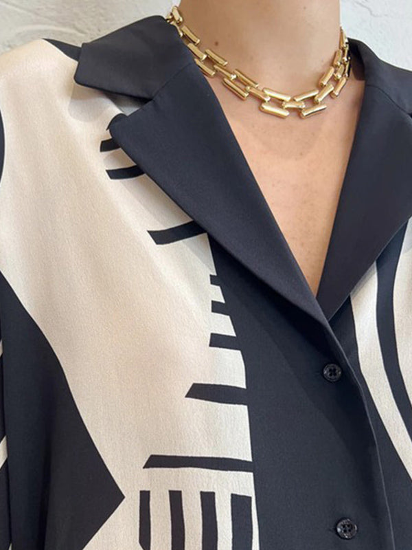 flowersverse Long Sleeves Loose Contrast Color Pockets Printed Blouses&Pants Suits