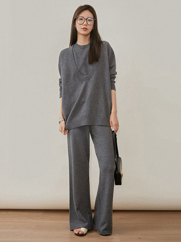 flowersverse Urban Loose Solid Round-Neck Vest Top& V-Neck Sweater Tops& Wide Leg Pants Three-Piece Set