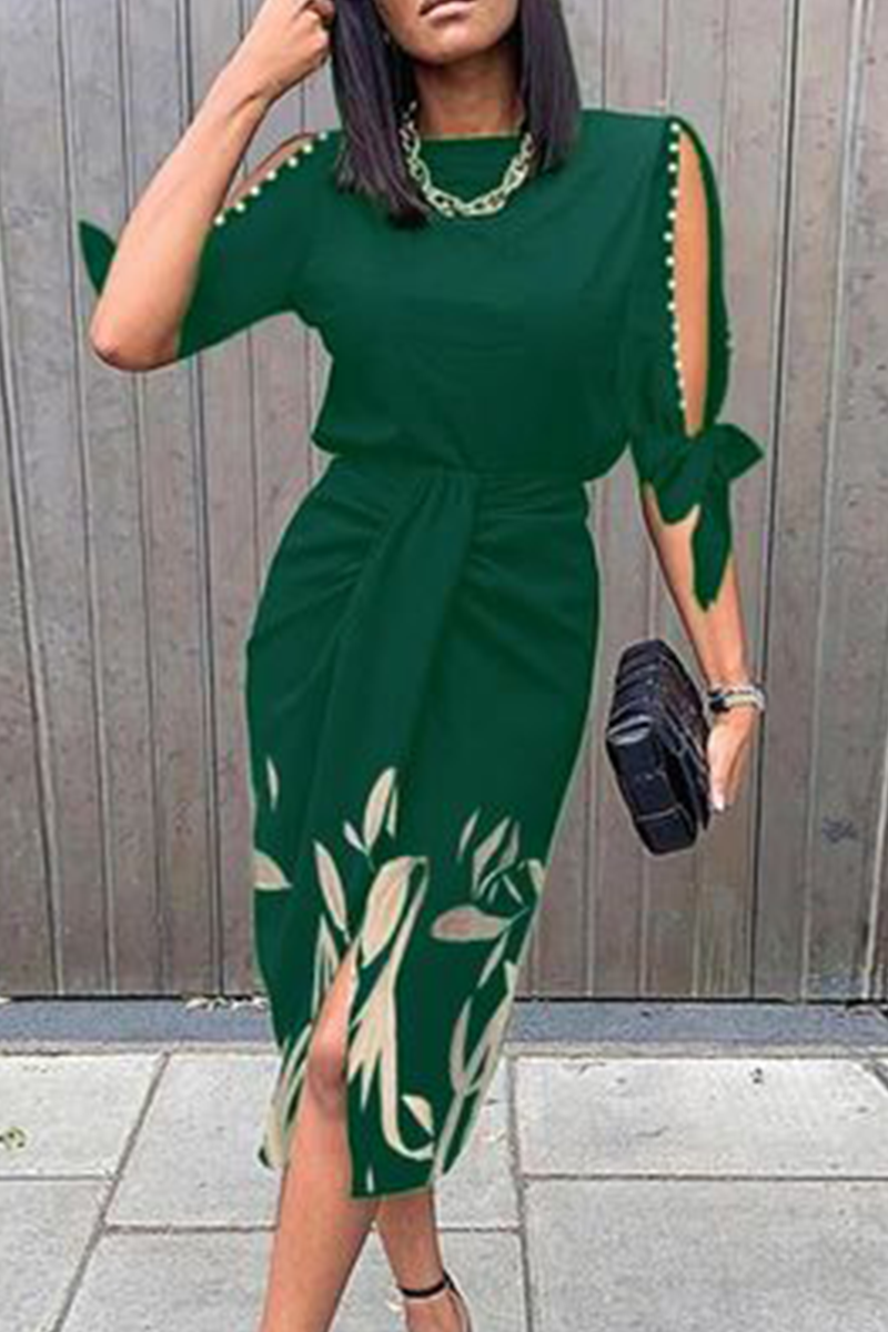 flowersverse Casual Print O Neck Waist Skirt Dresses(5 Colors)
