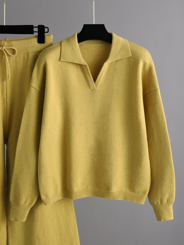 flowersverse Urban Long Sleeves Solid Color Polo Sweater Tops & Wide Leg Pants Two Pieces Set
