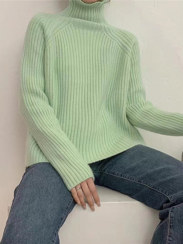 flowersverse Casual Long Sleeves Loose Solid Color High-Neck Sweater Tops