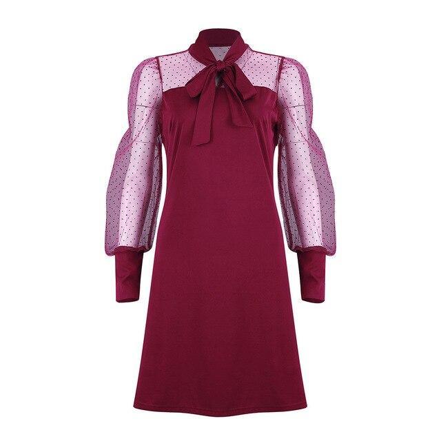 flowersverse Women Club Wear Bodycon Dress Casual Dot Printed Mesh Patchwork Turtleneck Bow Bandage Long Sleeve Women Dress Sexy Dress